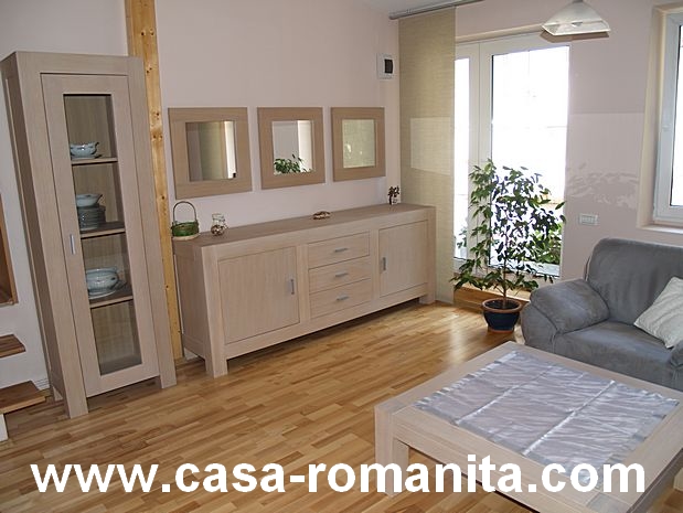 Entspannen Sie nach Ausflügen in die Karpaten. Haben Sie einen schönen Urlaub in Rumänien. Wohnzimmer von Ferienhaus Casa Romanita in Brasov in Rumänien.